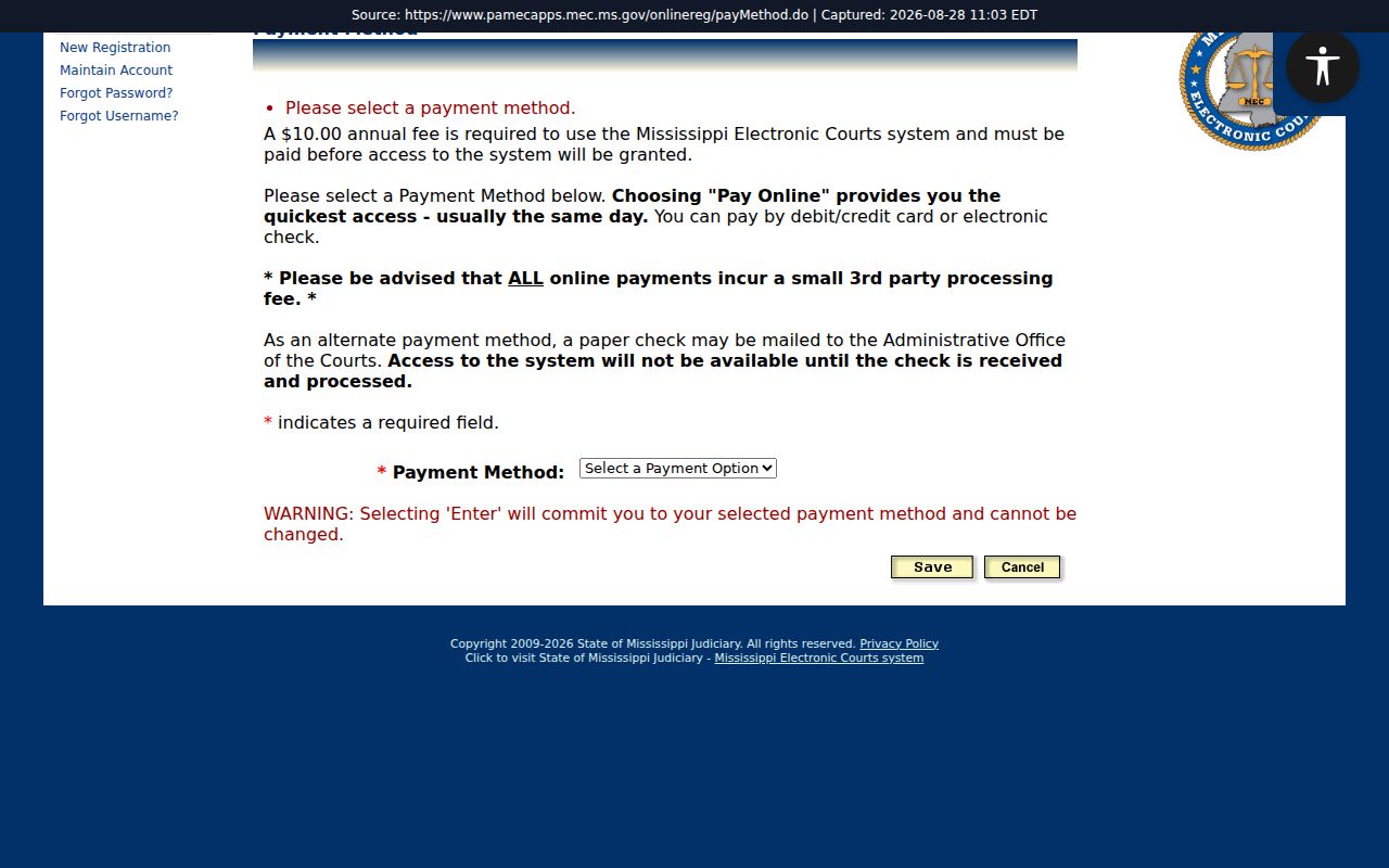 Claiborne County case search PAMEC payment-method form