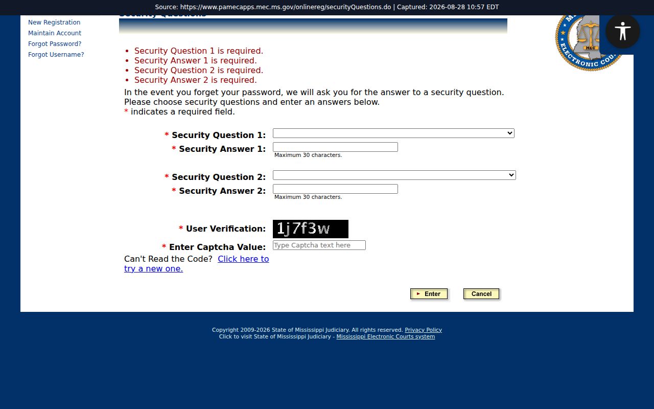 Claiborne County case search PAMEC security-question registration screen