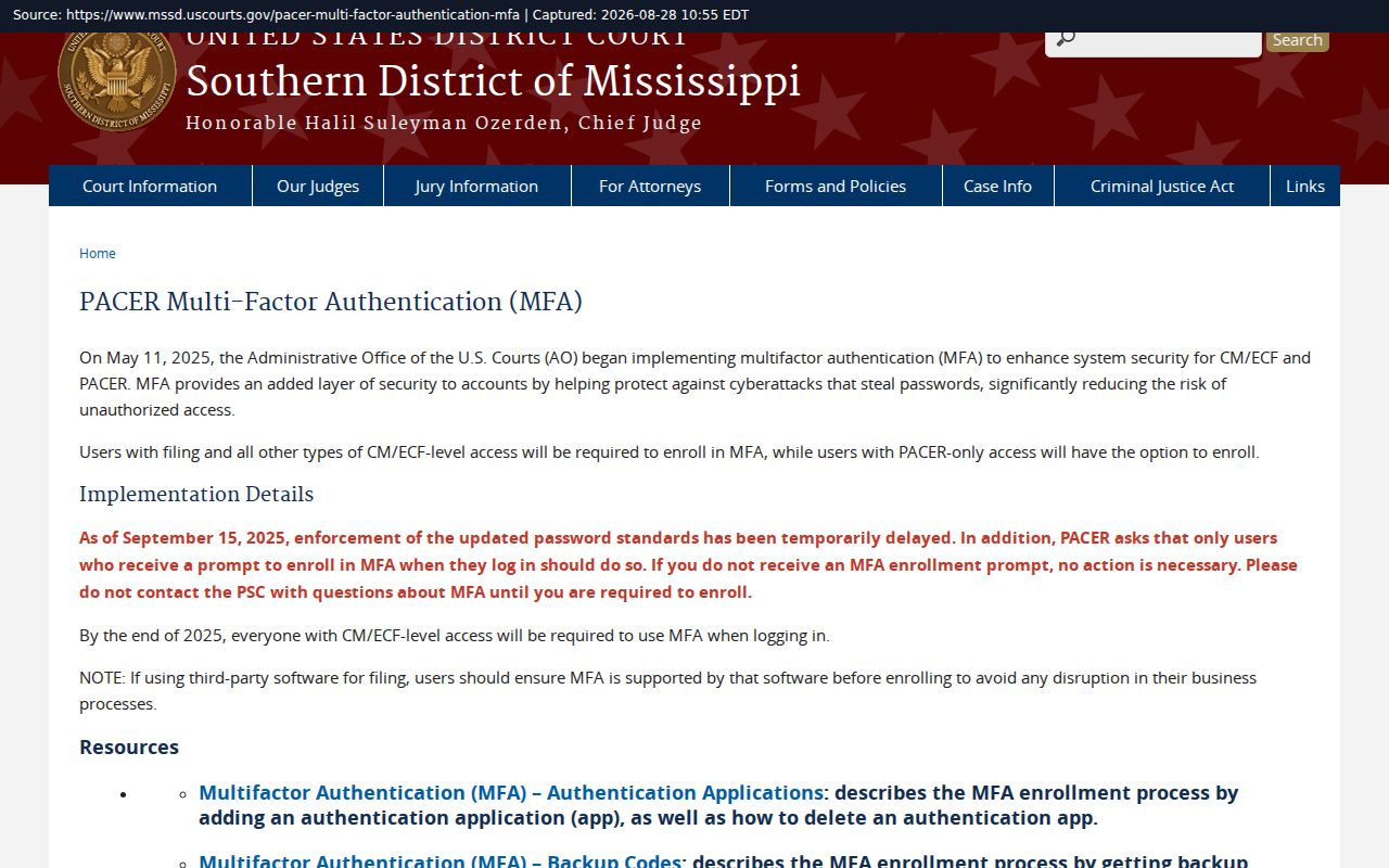 Claiborne County case search Southern District PACER multi-factor authentication notice