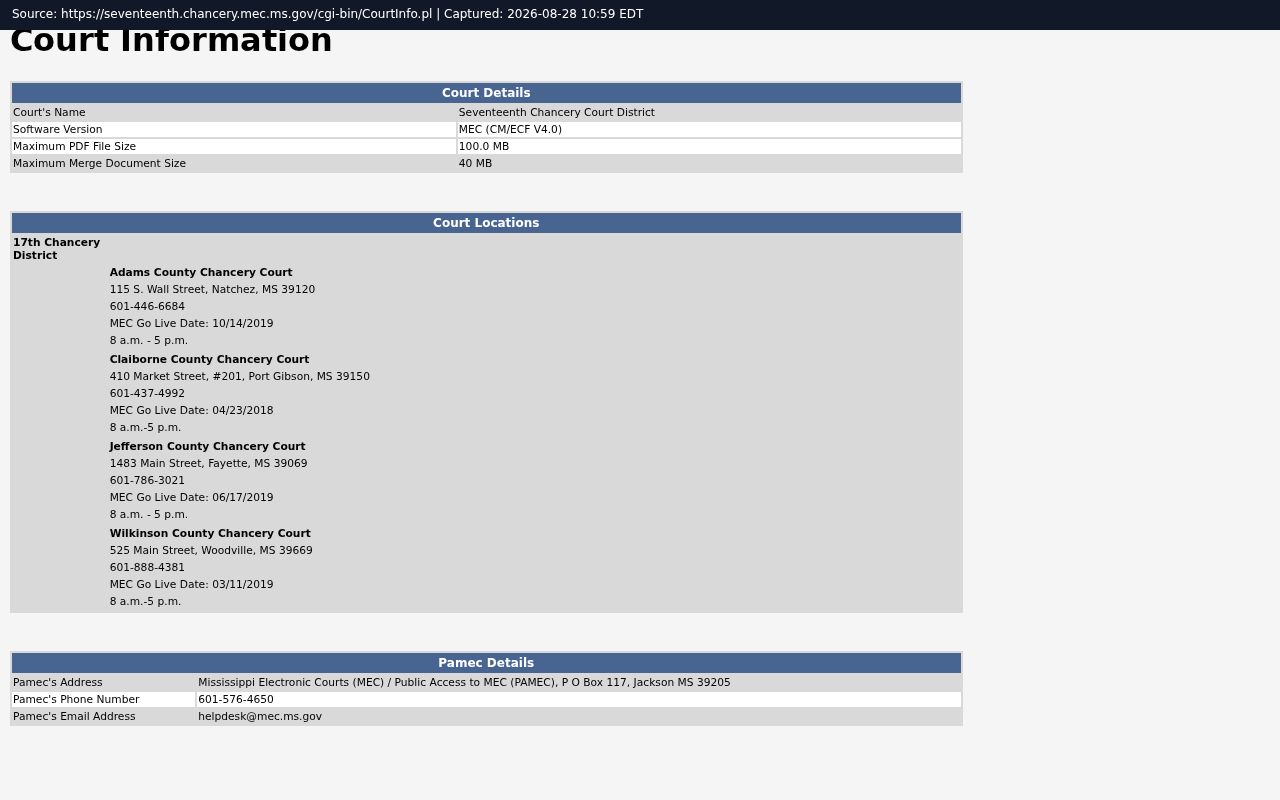 Claiborne County civil dockets Seventeenth Chancery MEC CourtInfo