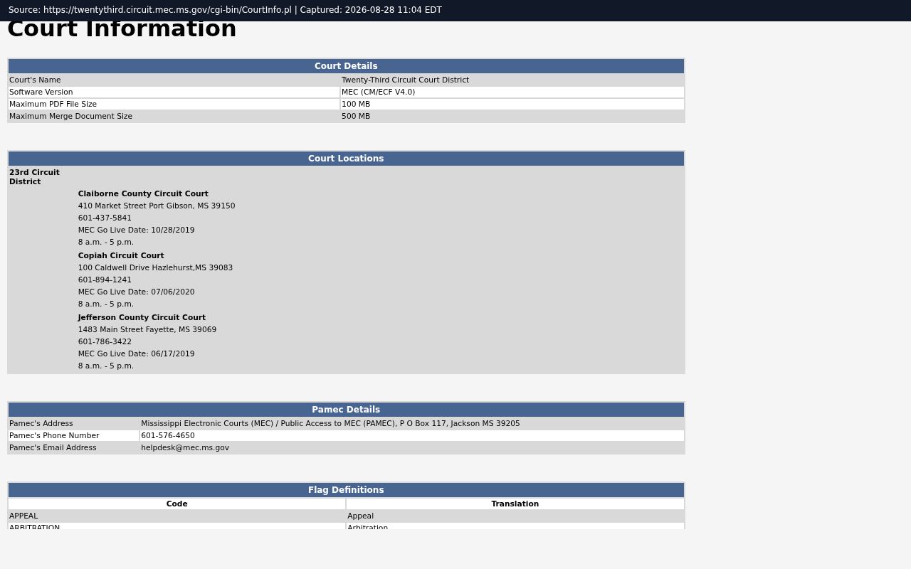 Claiborne County civil dockets Twenty-Third Circuit MEC CourtInfo