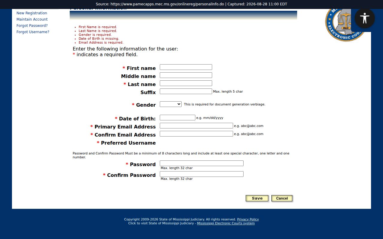 Claiborne County civil dockets PAMEC personal-information form