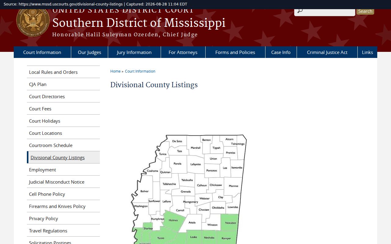 Claiborne County court records federal division listing for Southern District Mississippi