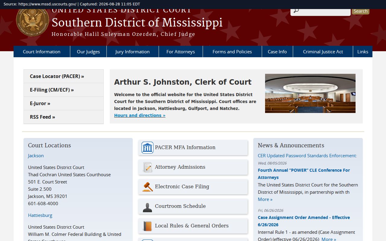 Claiborne County court records federal access through Southern District Mississippi