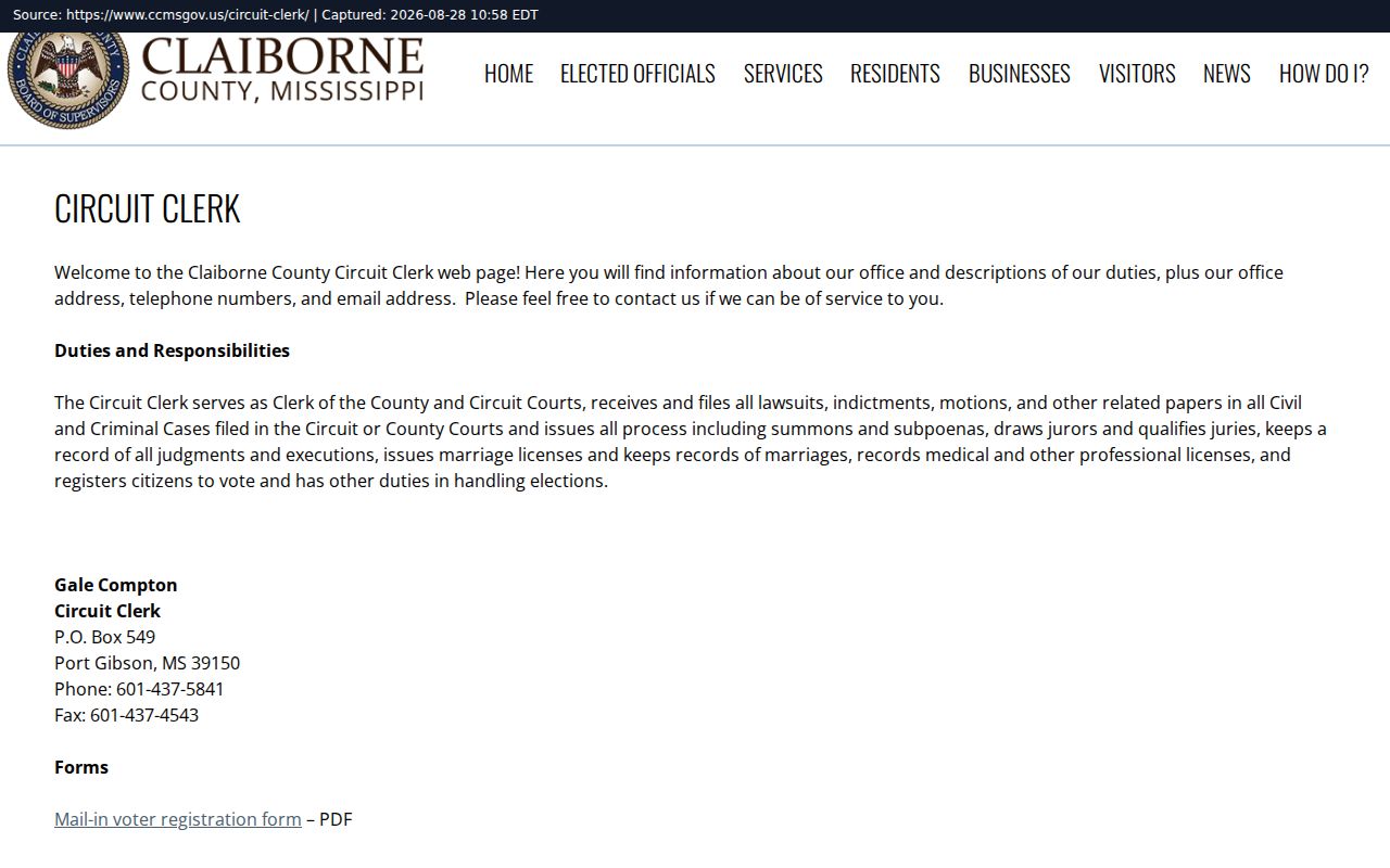 Claiborne County court docket Circuit Clerk records page