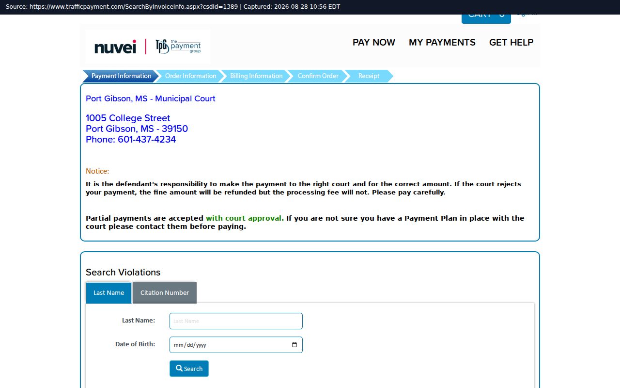 Claiborne County traffic court records Port Gibson Municipal Court citation portal